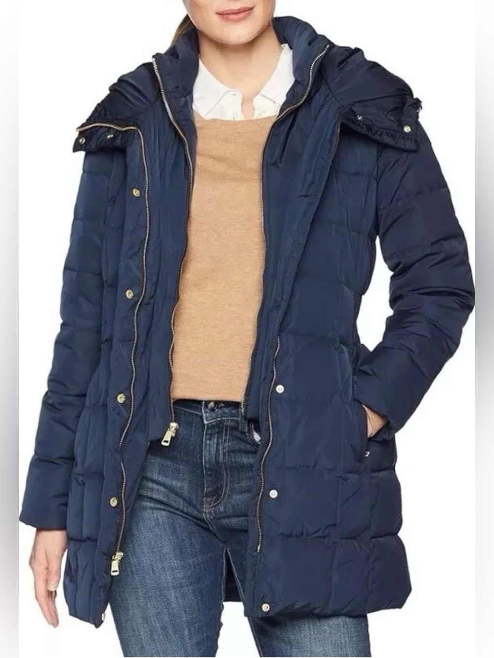 NWT Cole Haan - Taffeta Down Coat With Bib Front And Dramatic
Hood, Navy, Small